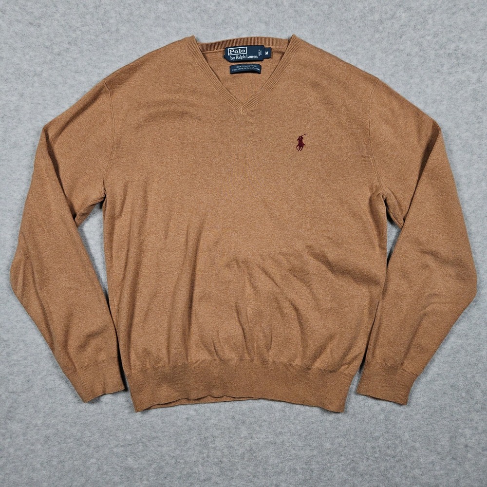 Polo Ralph Lauren (Men's Medium) Brown Sweater V-Neck Pima Cotton Pullover Pony
